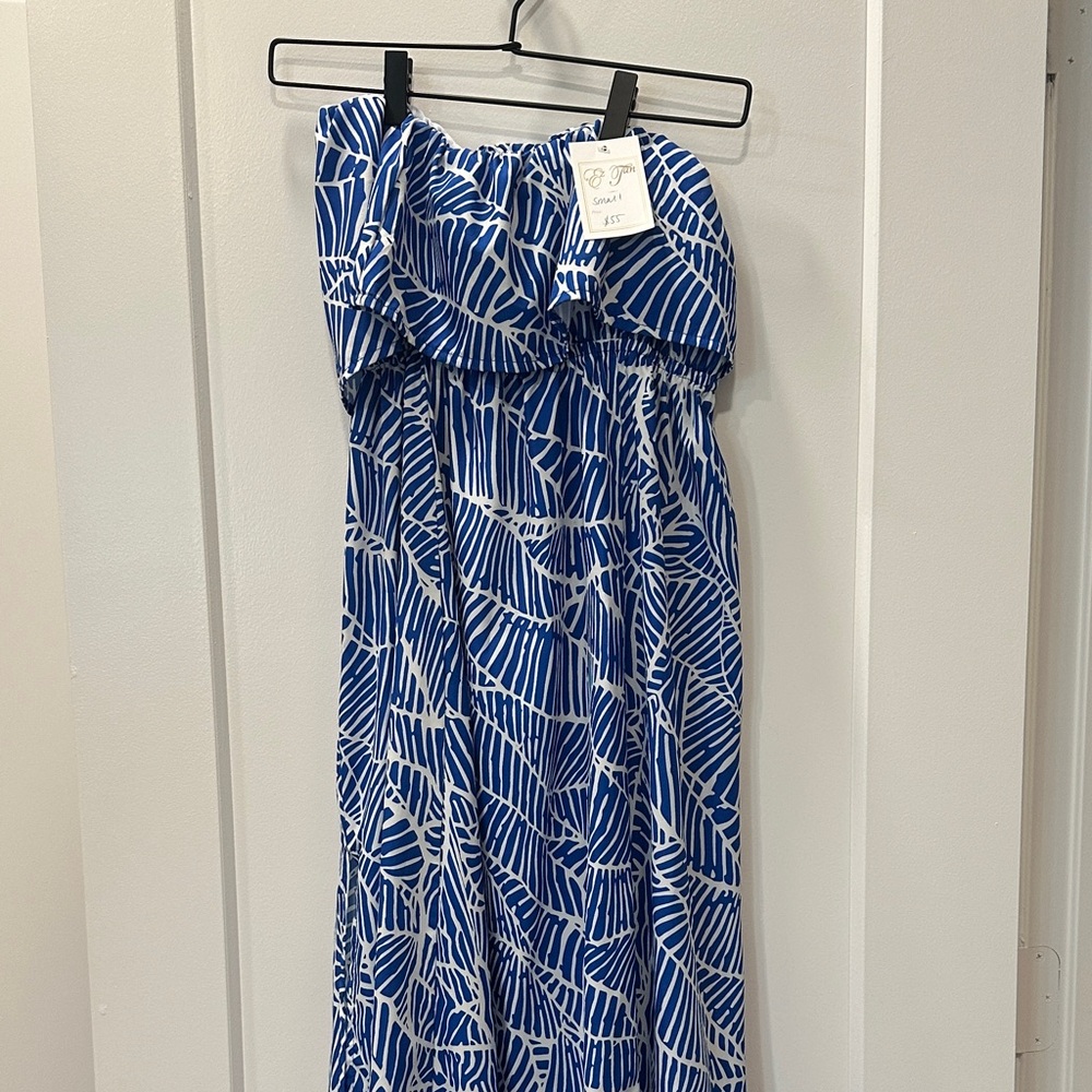 Blue and White Strapless Maxi Dress